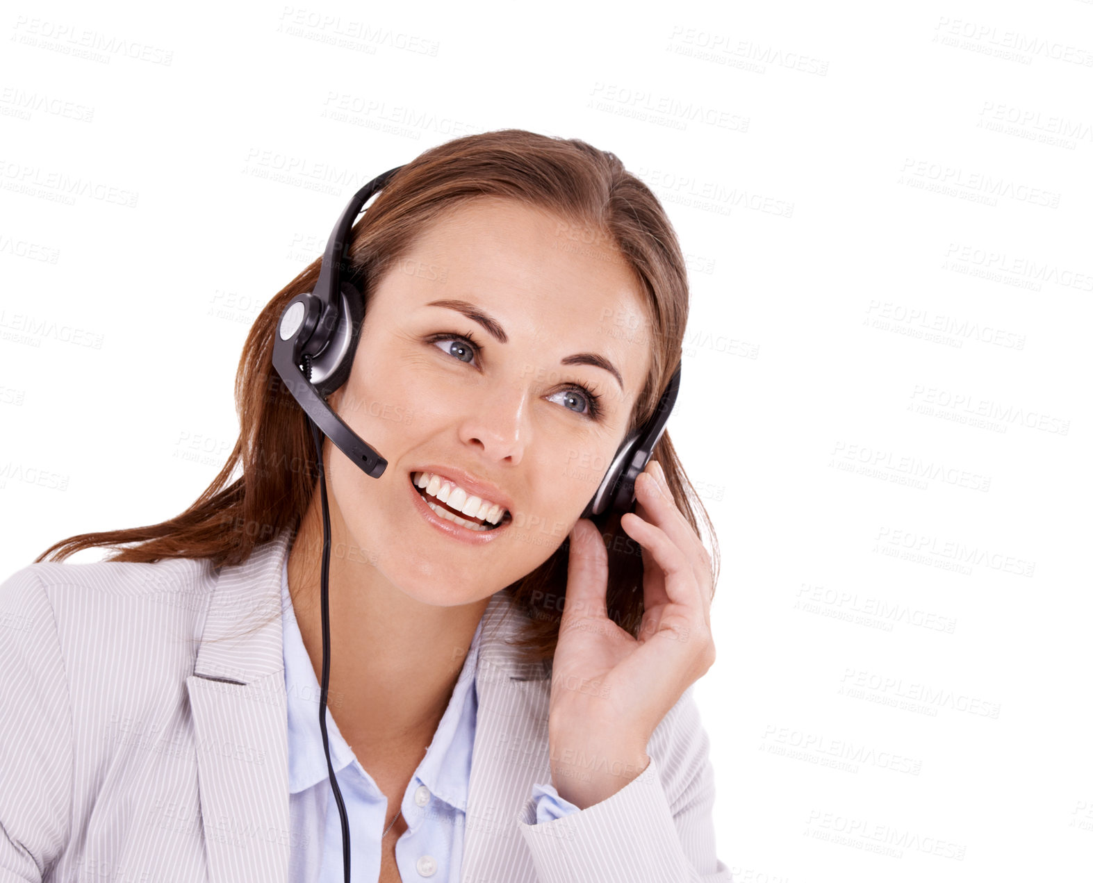 Buy stock photo Woman, callcenter and headset for phone call with communication, telecom and CRM on white background. Customer service, telemarketing and help desk agent in studio with contact us and tech support