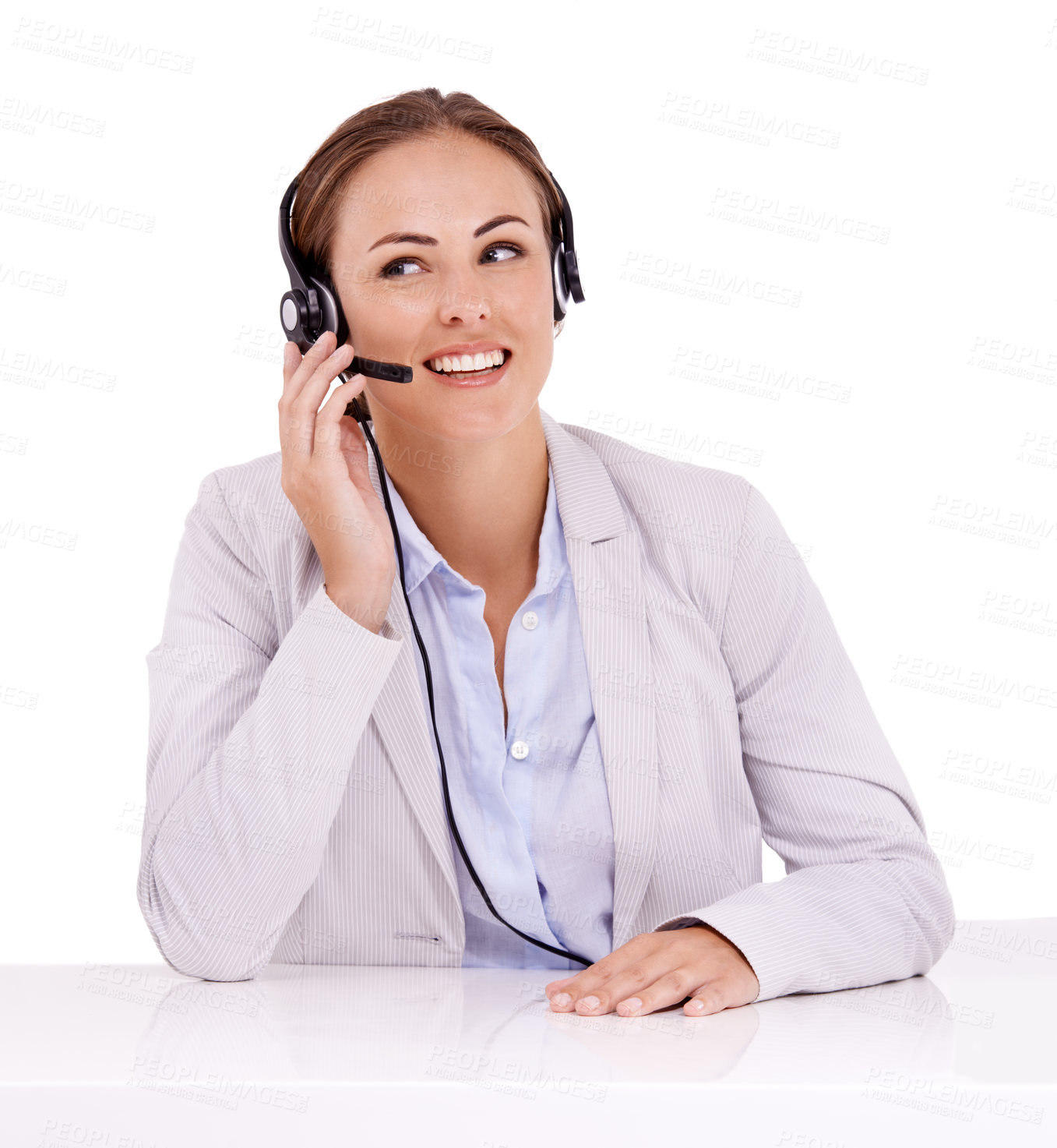 Buy stock photo Woman, callcenter and headset with mic for phone call with communication, contact us and CRM on white background. Customer service, telemarketing and help desk agent in studio with smile and chat