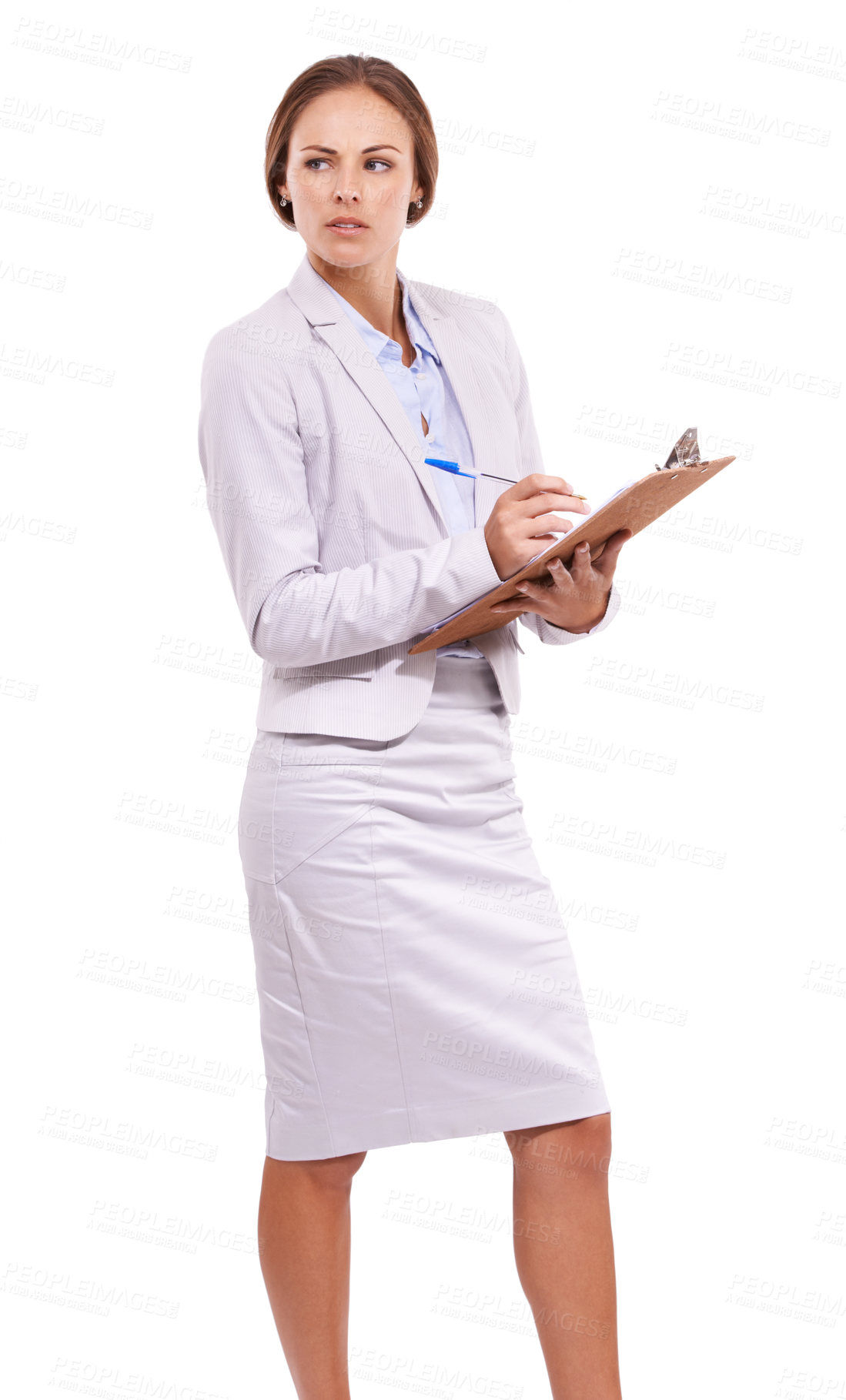 Buy stock photo Studio, clipboard or woman thinking of survey checklist, information or report isolated on white background. Writing notes, inspector planning or manager in small business checking inventory schedule