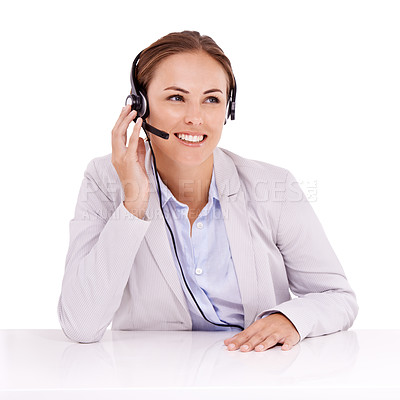 Buy stock photo Call center, thinking or happy woman in studio for communication in customer service. White background, virtual assistant or female sales agent listening with microphone to help in tech support  