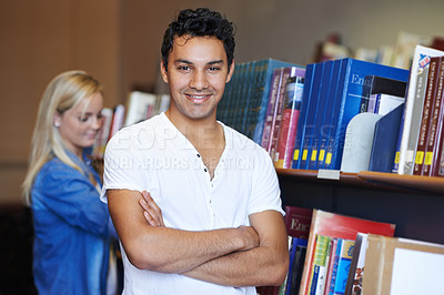 Buy stock photo College, arms crossed or portrait of happy man in a library for knowledge or school for future. Scholarship, education or male student with smile, joy or pride for studying or learning in campus