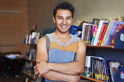 Buy stock photo Portrait, arms crossed or happy man in library for education or development for future growth. Scholarship, knowledge or male student with smile or books for studying or learning in college campus
