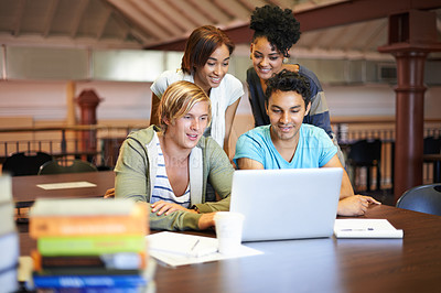 Buy stock photo Teamwork, laptop or group of students studying in university, college or school campus for education. Library, elearning or happy people with scholarship, reading news, research or online course