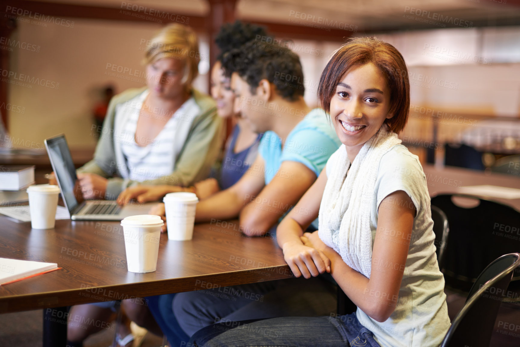 Buy stock photo Happy woman, study group or portrait of students in school, university library or college campus for education. Laptop, elearning or people with smile, teamwork or support for online course research