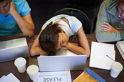 Buy stock photo Classroom, students and high school girl for sleeping, laptop and tired with books, development or academy. Teenager, burnout and rest for learning, fatigue or scholarship with education assessment