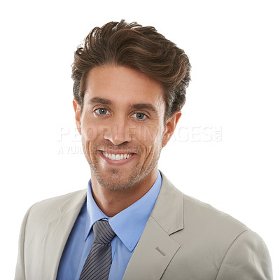 Buy stock photo Happy businessman, portrait and handsome face in stylish fashion on a white studio background. Young, handsome or attractive man or employee smile for career ambition or positive mindset on mockup