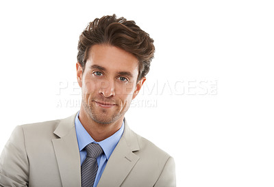 Buy stock photo Smile, fashion and portrait of businessman in studio with elegant, fancy and stylish suit. Happy, confidence and handsome male person with luxury outfit for style isolated by white background.