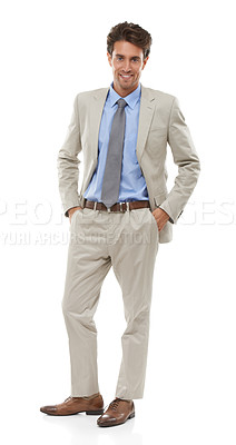 Buy stock photo Business, man and portrait in studio of happy financial advisor, professional broker or pride for trading in suit on white background. Confident investment planner in corporate fashion for consulting