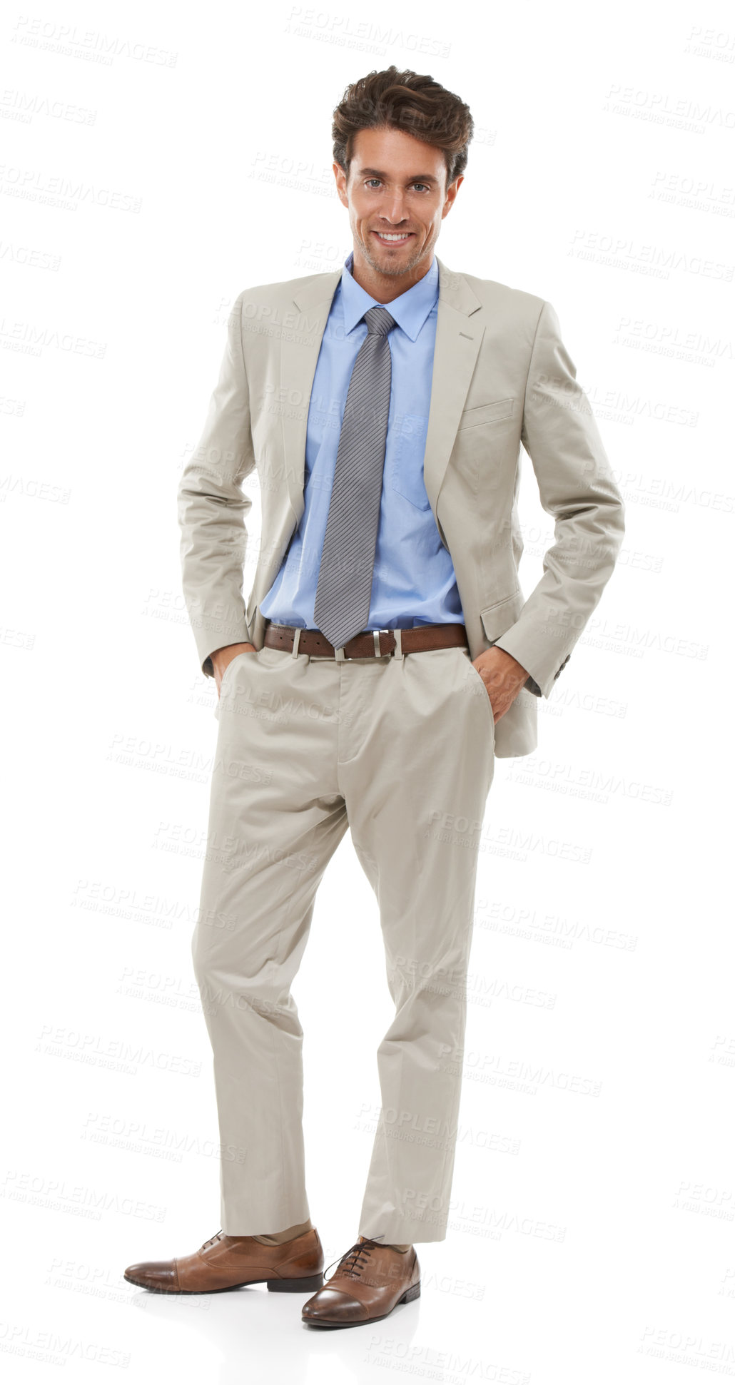 Buy stock photo Business, man and portrait in studio of happy financial advisor, professional broker or pride for trading in suit on white background. Confident investment planner in corporate fashion for consulting
