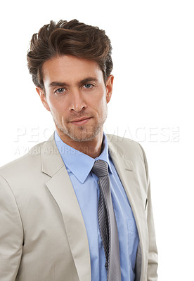 Buy stock photo Corporate, suit and serious with portrait of man in studio isolated on white background for professional job. Face, business and mission with confident young employee in formal clothes for career