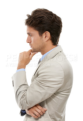 Buy stock photo Thinking, decision and young businessman in a studio with brainstorming, question or guess face. Idea, option and profile of professional male person with choice facial expression by white background