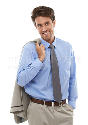 Buy stock photo Confident, fashion and portrait of businessman in studio with elegant, fancy and stylish suit. Smile, happy and handsome male person with luxury outfit for style isolated by white background.
