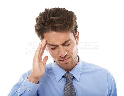 Buy stock photo Business man, headache and pain in studio for burnout, stress and challenge on white background. Tired, confused and sick worker with crisis, brain fog and fatigue of vertigo, doubt mistake and fail