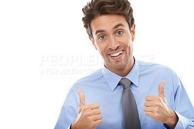 Buy stock photo Thumbs up, portrait and excited business man in studio for winning deal, success and like agreement on white background. Happy worker, emoji sign and feedback of winner, vote and thank for excellence