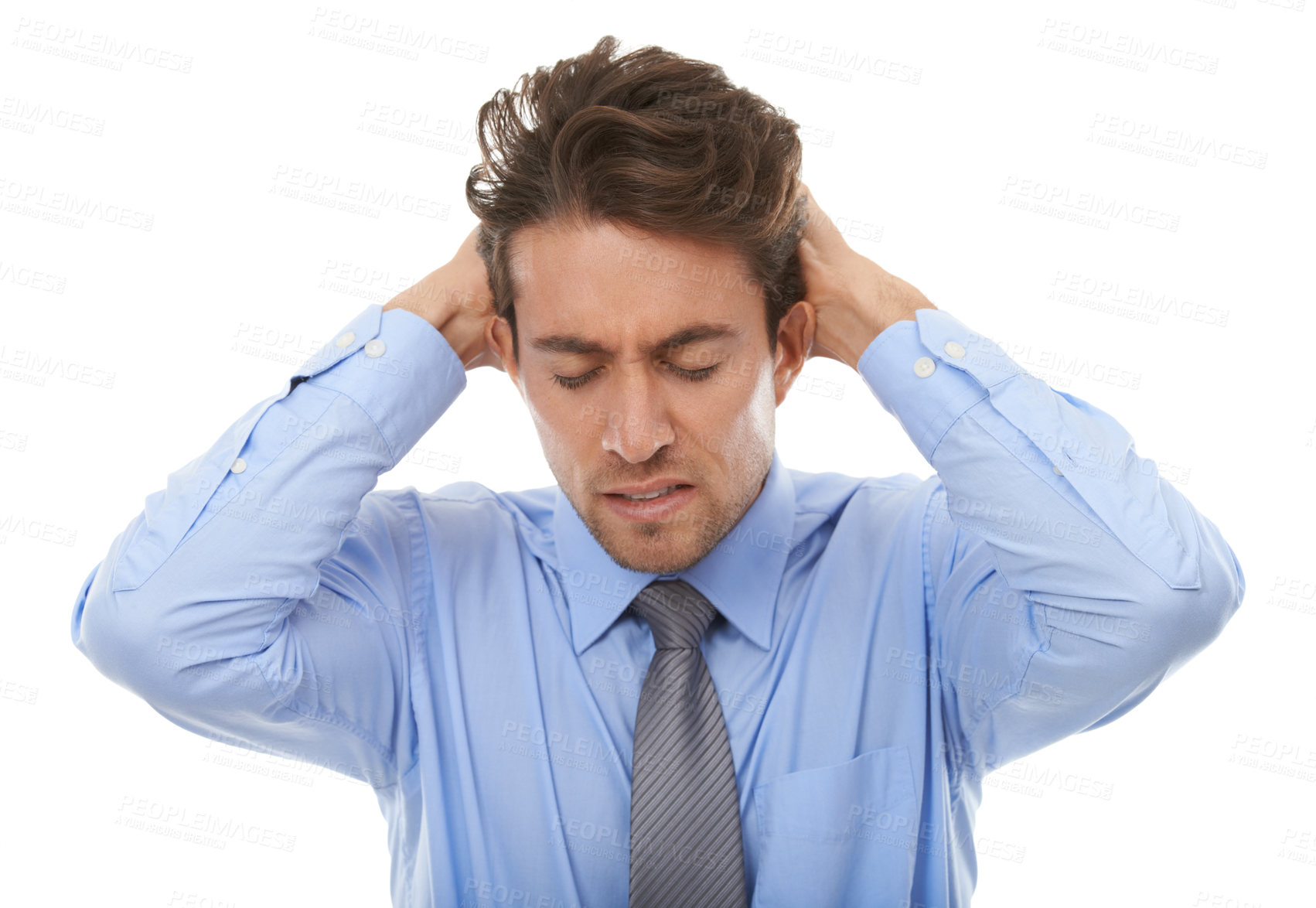 Buy stock photo Business man, frustrated and stress in studio for burnout, anxiety and doubt mistake, vertigo and disaster on white background. Angry worker in crisis, challenge and risk of bankruptcy, debt and fail