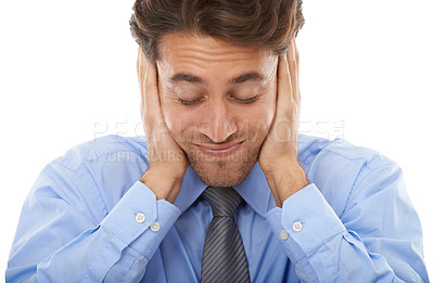 Buy stock photo Face, stress and anxiety with business man in studio isolated on white background for deadline pressure. Headache, burnout and mental health with young employee eyes closed for audit frustration