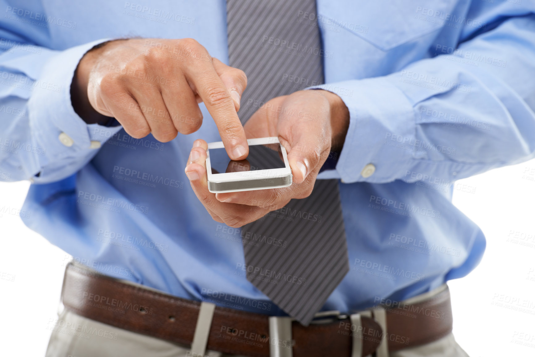 Buy stock photo Businessman, phone and hands typing for research, social media or networking against a white studio background. Closeup of man or employee on mobile smartphone for UX, communication or online search