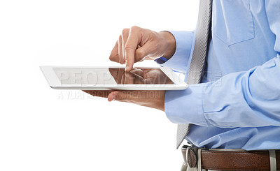 Buy stock photo Businessman, tablet and hands typing for research, social media or networking against a white studio background. Closeup of man or employee on technology for communication or online search on mockup