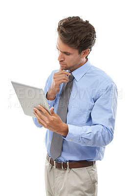 Buy stock photo Businessman, tablet and thinking in brainstorming, research or schedule on a white studio background. Man or employee on technology for online search, networking or planning ideas, tasks or agenda