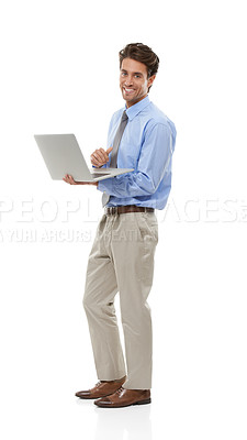 Buy stock photo Business man with laptop, IT consultant and software upgrade in studio with technology and code on white background. Network, app development or tech support with connection, internet and programming