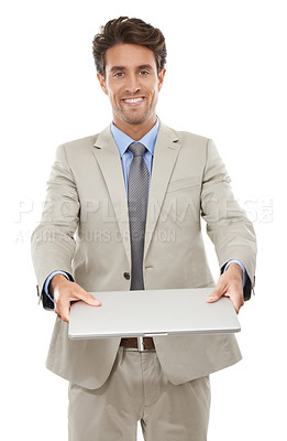 Buy stock photo Businessman, laptop and face or happy in studio with internet and communication for startup career. Entrepreneur, portrait and person with technology and smile for networking on white background