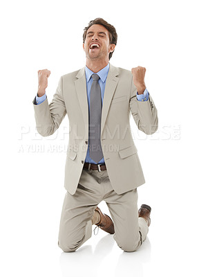 Buy stock photo Happy businessman, fist pump and celebration for winning or success against a white studio background. Excited man or employee in relief or satisfaction for bonus, promotion or achievement on mockup