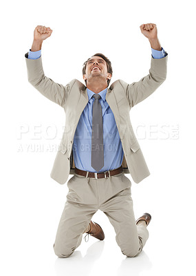 Buy stock photo Business man, hands up in celebration and kneeling on ground for winning at company on white background. Happiness, achievement and fist pump with corporate person on his knees in studio for success