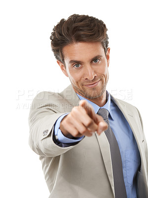 Buy stock photo Happy businessman, portrait and pointing to you for opportunity, selection against a white studio background. Man or employee smile for choice in job hiring, promotion or career recruiting decision