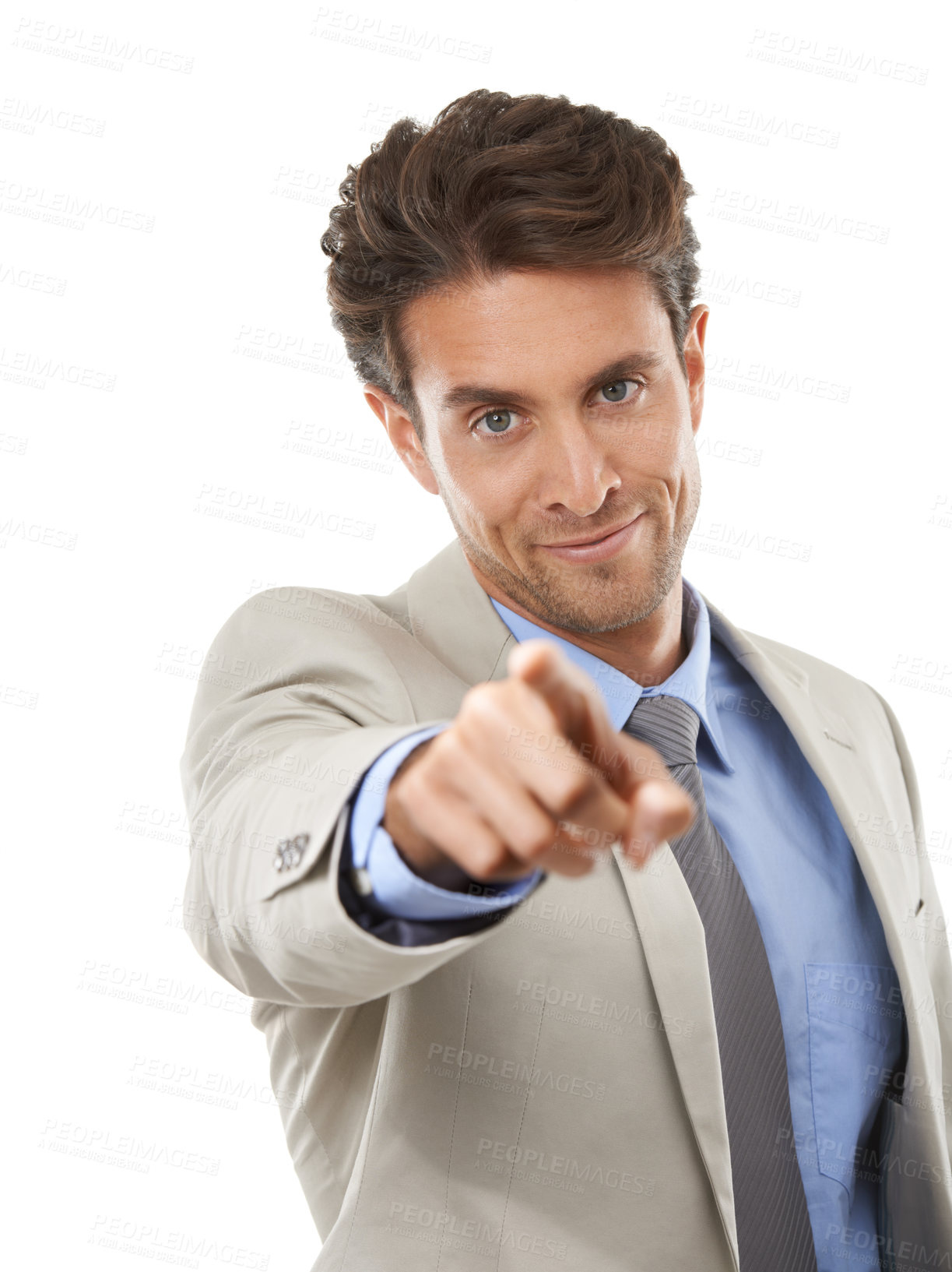 Buy stock photo Happy businessman, portrait and pointing to you for opportunity, selection against a white studio background. Man or employee smile for choice in job hiring, promotion or career recruiting decision