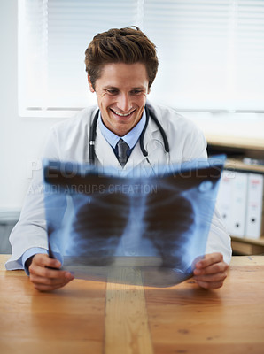 Buy stock photo Man doctor in office, check xray and health, medical diagnosis and review of lung scan at cardiology clinic. Radiology, assessment of results and human anatomy with happy surgeon, MRI and skeleton