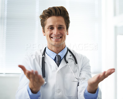 Buy stock photo Welcome, smile and man doctor in office for greeting hello at a medical consultation at clinic. Happy, professional and young male healthcare worker with positive attitude in a medicare hospital.