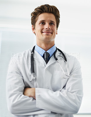 Buy stock photo Happy, crossed arms and portrait of man doctor with stethoscope for positive, good and confident attitude. Smile, pride and young male healthcare worker in medical office of hospital or clinic.