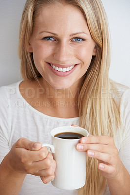 Buy stock photo Woman, portrait and happy in studio with coffee for morning caffeine, break and energy for relax and drink. Person, face and smile with beverage, cup and cheerful with closeup on white background