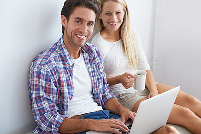 Buy stock photo Portrait, relax or happy couple on laptop for email, social media or streaming subscription in home. Coffee, booking holiday vacation online or people on website or internet to search with smile