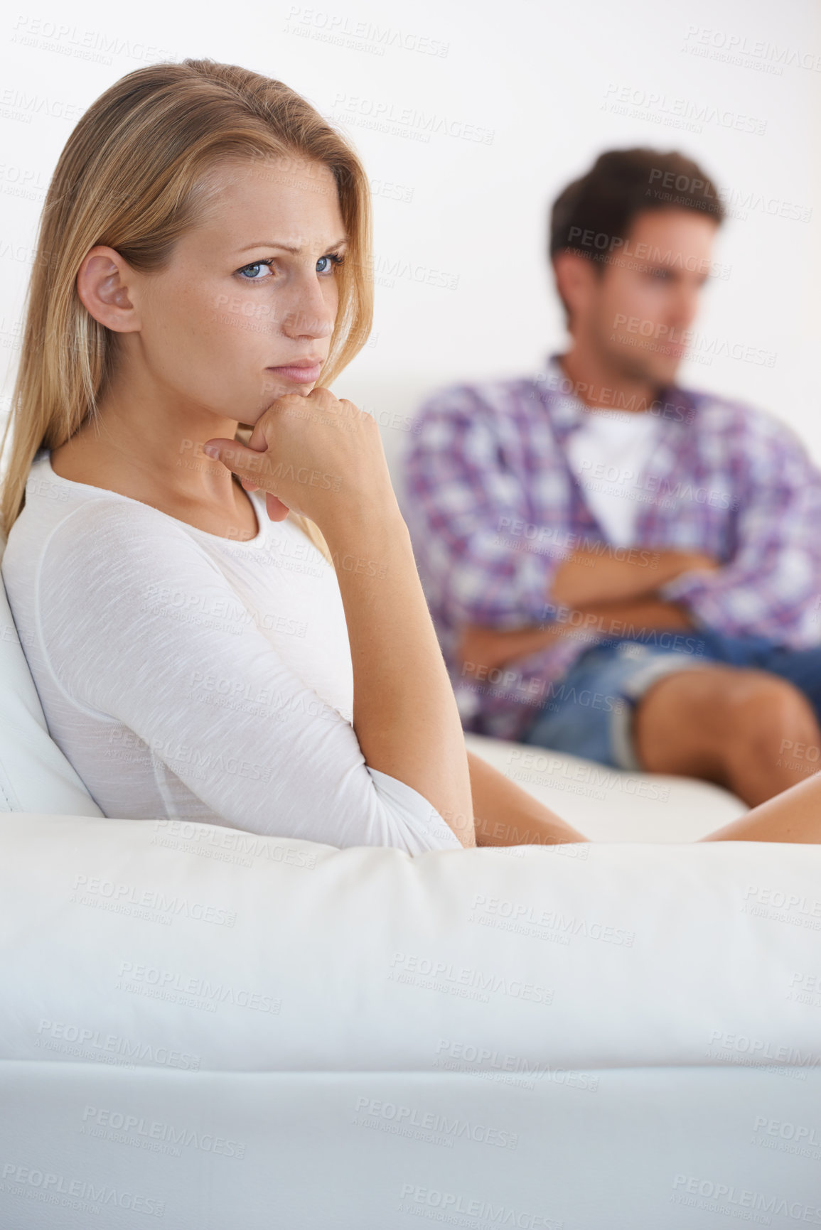 Buy stock photo Couple, angry and living room couch with anger, upset and thinking with disagreement fight or mad. Divorce, betrayal and relationship with cheating, stress and argument for marriage, man and woman