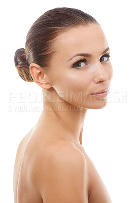 Buy stock photo Portrait of woman, natural or skincare for wellness in studio with cosmetics, aesthetic or healthy glow. Facial dermatology, confident or female model with pride or beauty results on white background