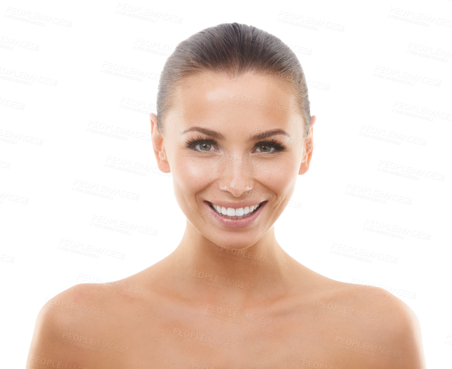 Buy stock photo Beautiful young woman smiling while isolated against a white background