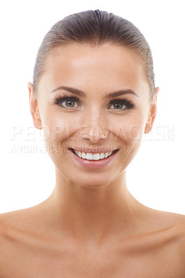 Buy stock photo Beautiful young woman smiling while isolated against a white background