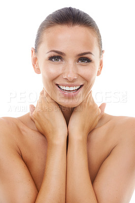 Buy stock photo Portrait of happy woman, white background or skincare in studio for wellness with cosmetics, face or glow. Facial dermatology, confident lady or healthy model with smile or beauty results isolated
