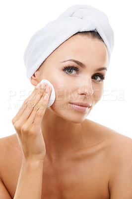 Buy stock photo Skincare, portrait or woman in studio with cotton pad on face, cosmetics or makeup cleaning product. Dermatology, remove or wellness for model with beauty, toner or facial glow on white background