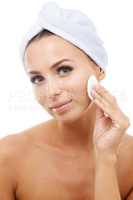 Buy stock photo Beauty, portrait or woman in studio with cotton pad on face, cosmetics or makeup cleaning product. Dermatology, remove or wellness for model with skincare, toner or facial glow on white background