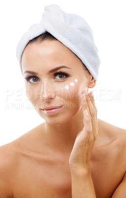 Buy stock photo Portrait of woman, white background or face cream for skincare, beauty or cosmetics in studio. Apply, towel or female model with product, wellness or glow for lotion, dermatology or facial treatment