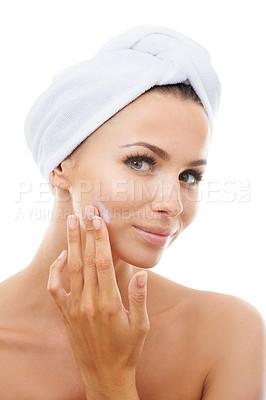 Buy stock photo Portrait of model, white background or cream for beauty, face or skincare cosmetics in studio. Apply, towel or female person with product, wellness or glow for lotion, dermatology or facial treatment