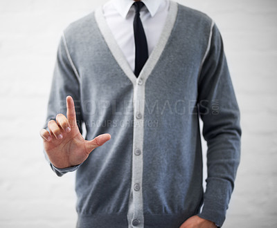 Buy stock photo Person, hand and businessman in fashion, loser emoji and sign for mistake, professional and employee. Product placement, marketing geek and pointing as manager and closeup of man in corporate wear