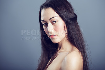 Buy stock photo Natural beauty, cosmetic care and woman with hair in studio, hairstyle and shine on dark background. Portrait, makeup glow on skin with dermatology, haircare and texture with growth and shine