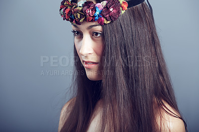 Buy stock photo Woman, flower headband in hair and beauty, skin glow and wellness isolated on grey background. Keratin treatment, hairstyle with floral head gear or accessory, dermatology and cosmetics in studio