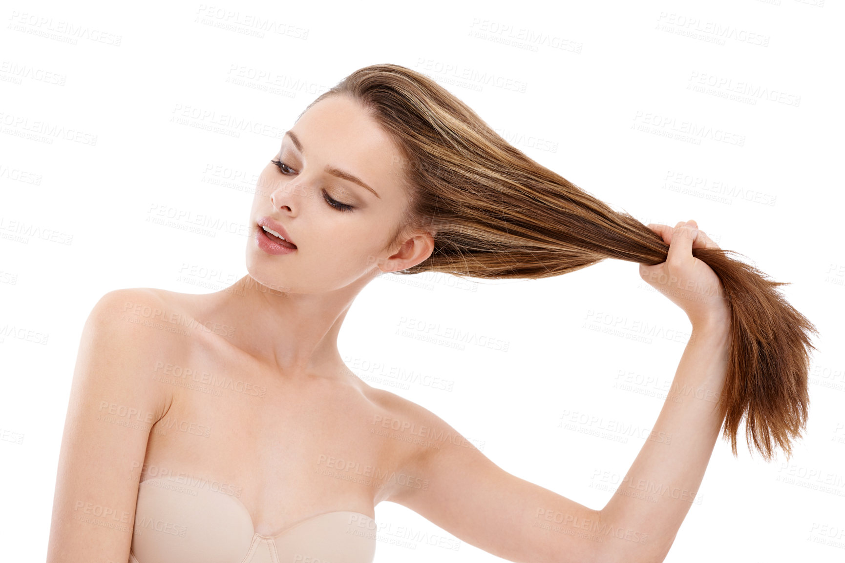 Buy stock photo Beauty, woman and hair care for shine, natural beauty and wellness isolated on white studio background. Female, girl pulling hair and salon treatment for healthy scalp, texture and grooming routine