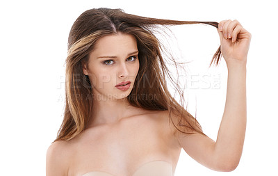 Buy stock photo Portrait, hair and fail with a model woman in studio on a white background holding split ends in frustration. Face, haircare and unhappy with a young female feeling negative about her hairstyle