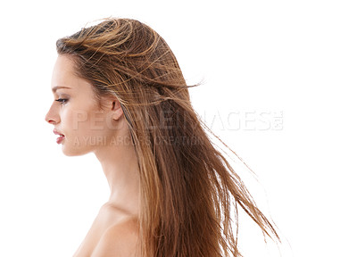 Buy stock photo Hair care, woman and beauty profile with cosmetics, hairdresser and shampoo product results. Female model on white background for keratin treatment and salon advertising  for shine and growth 