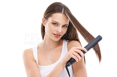 Buy stock photo Woman with hair care, iron for hair and beauty portrait, cosmetic care and electric tools against white background. Straight hair, keratin and treatment with hairstyle mockup, wellness and grooming